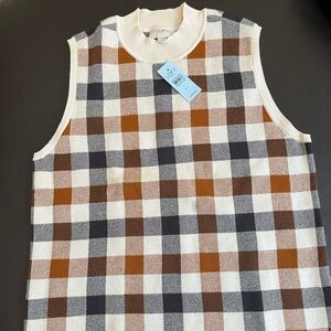 LOFT Cream, Brown and Black Gingham Knit Sleeveless Sweater